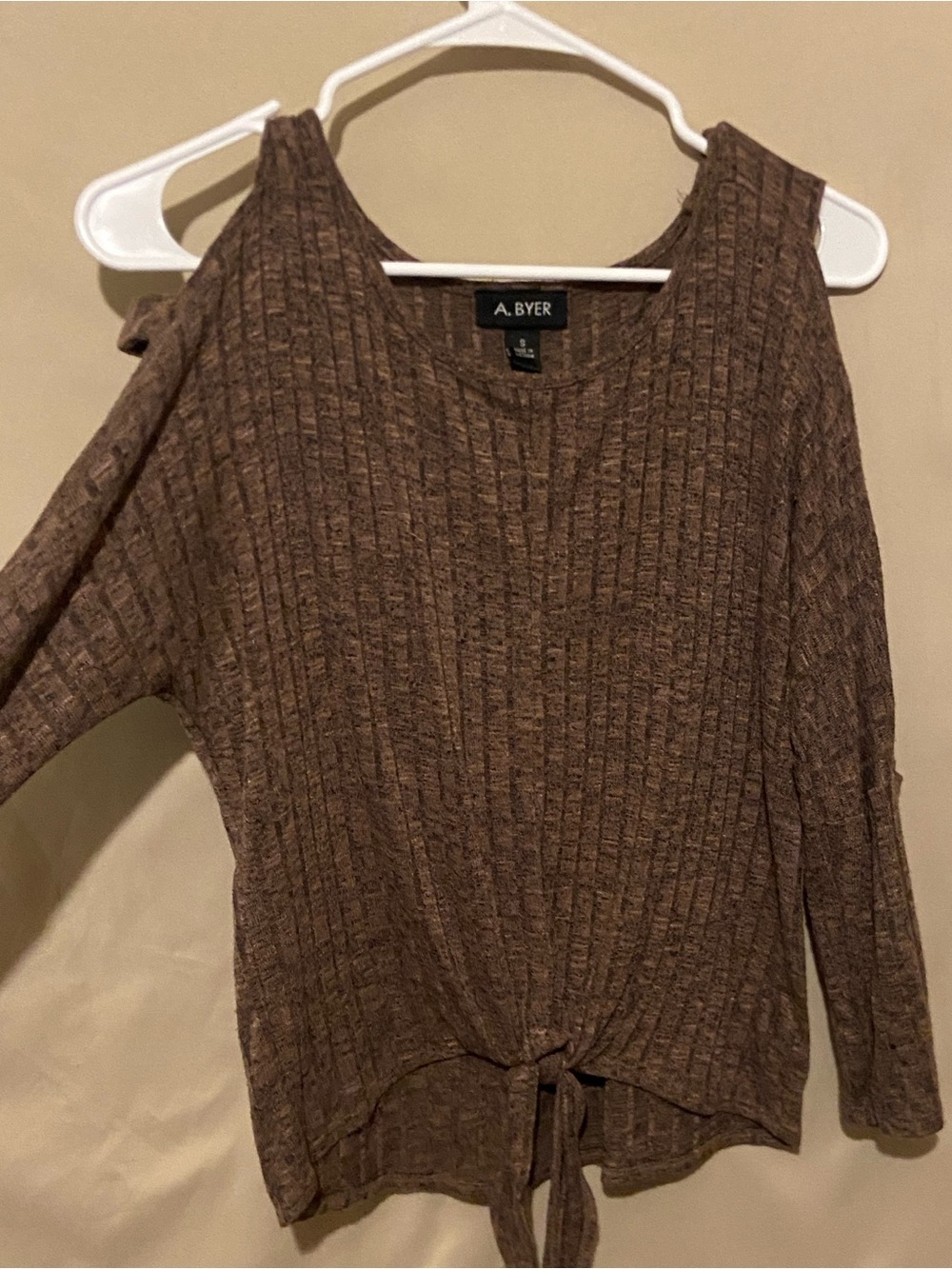 A. Byer Chocolate Brown Ribbed Cold-Shoulder Tie-Front Sweater